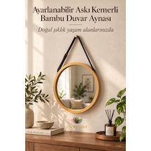 Bambu Çerçeveli Yuvarlak Duvar Aynası 30 Cm Ayarlanabilir Askı Kemerli Dekoratif Ayna Ahşap  - Bej