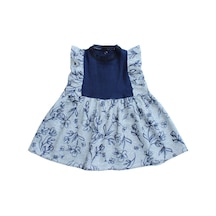 Dantel Ve Fırfır Detaylı Pamuklu Örme Mavi Gri Kız Çocuk Bebek Elbise 001