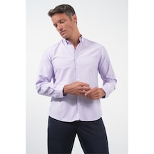 İmza Mor Düğmeli Yaka Uzun Kol Slim Fit Pamuklu Gömlek 1004260236 Lila