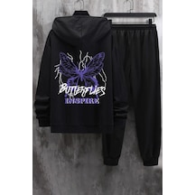 Uyguntarz Unisex Butterfly & Letter Graphic Baskılı Eşofman Takımı Siyah