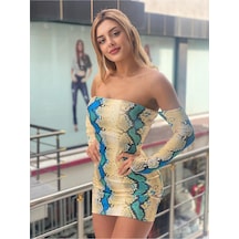 Pink Life Yılan Desenli Sırt Dekolte Detaylı Mini Elbise-yılan Deseni Mavi - Sarı