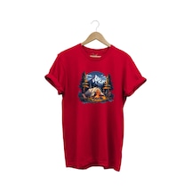 Yazlık Kamp Doğa Çadır Ve Dağ Baskılı %100 Pamuk Regular Fit Bisiklet Yaka T-shirt Kırmızı