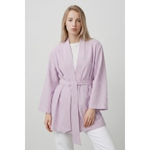 Saade Sââde Kadın Dikey Çizgili Geniş Kollu Şık Yazlık Relaxed Kimono Lila