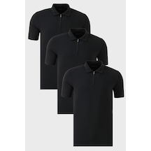 Buratti Streç Pamuklu Regular Fit Yarım Fermuarlı 3'Lü Paket Erkek Polo Yaka T Shirt 5902972S3 Siyah-Siyah-Siyah