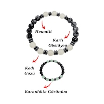 Gümüştel El Sanatları Sertifikalı Karlı Obsidyen Kedi Gözü Hematit Doğal Taş Bileklik Karanlıkta Işık Saçar Çok Renkli