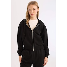 DeFacto Coool Standart Fit Kapüşonlu Basic Düz Kanguru Cepli Fermuarlı Sweatshirt Z7069AZ25SPBK81