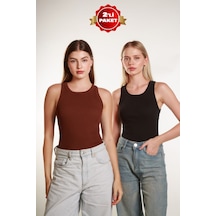 Mea Capio 2li Kadın Fitilli Halter Yaka T-shirt Örme Atlet 2lipaket Siyah-kahverengi
