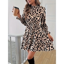Mythrıva Kadın Uzun Kollu Yarı Balıkçı Yaka Leopar Desenli Modal Mini Elbise