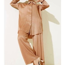 Lovie Moda Kadın Saten Görünümlü Fitilli İkili Takım Bej