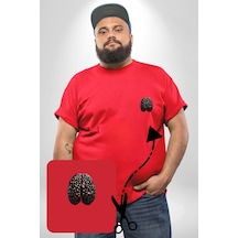 Angemiel Kuru Kahve Çekirdeği Beyin Kırmızı Büyük Beden Kadın Basic Minimal Baskılı Tişört Kırmızı