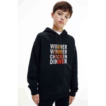 Tshirthane Pubg Wınner Kadın Baskılı Unisex Çocuk Kapüşonlu Siyah Sweatshirt Siyah