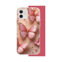 İphone 11 Uyumlu Pembe Taşlı Kelebek Uv Baskılı Silikon Kılıf Renkli