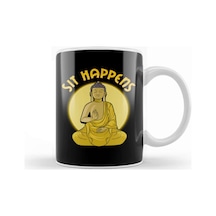 Sit Happens Funny Meditation Pun Monk Meditating Kupa Bardak Porselen Karışık