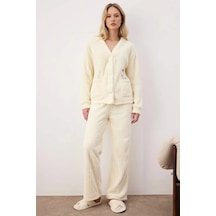 Benerly Kadın V Yaka Uzun Kol Regular Kalıp Wellsoft Örme Pijama Takımı F ekru