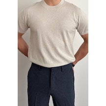 Cool Tarz Erkek Bej Slim Fit Bisiklet Yaka Triko T-shirt Bej Bej