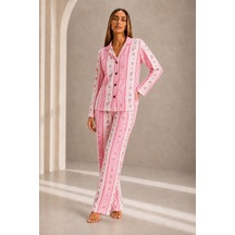 Fit Women Kadın Önden Düğmeli Uzun Kollu Alt Üst Pembe Pijama Takımı