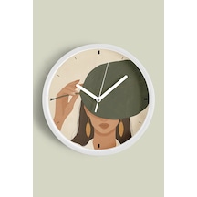 Sanatsal Kadın Ve Yaprak Tasarımı Modern Duvar Saati - 30cm - Önü Camlı Beyaz Kasa Beyaz