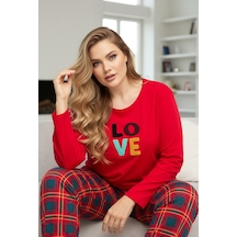 Siyah İnci Curve Büyük Beden Battal Boy Pamuklu Pijama Takım25240814 Kırmızı
