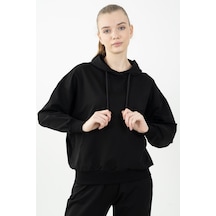 Maraton Sportswear Oversize Kadın Kapşonlu Uzun Kol Basic Siyah-siyah Sweatshirt 22149-siyah-siyah