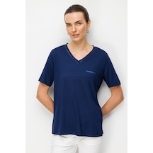 Desen Triko Kadın V Yaka Cebi Saten Şeritli Penye T-shirt 26828 Lacivert Lacivert