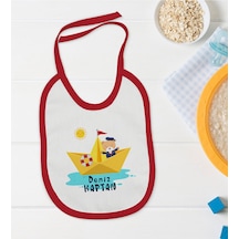 BK Kids Kişiye Özel Sevimli Kaptan Tasarımlı Kırmızı Bebek Mama Önlüğü Kırmızı