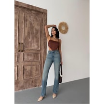 Kadın Straight Likralı Yüksek Bel Boru Paça Kot Pantolon Mavi Tint Mavi+tint