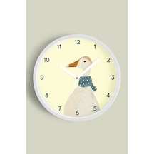 Sevimli Fularlı Kaz / Ördek Çocuk Odası Modern Duvar Saati - 35cm - Önü Camlı Beyaz Kasa Beyaz