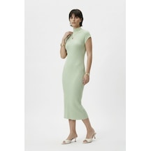 Neden Tekstil Modern Fit Sıfır Kol Yarım Balıkçı Yaka Triko Elbise - Su Yeşili