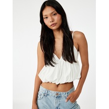 Koton Volanlı V Yaka Pamuklu Slim Fit Askılı Poplin Crop Bluz Kırık Beyaz 5sal30023ıw Ekru