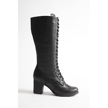 Analin Shoes Kadın Hakiki Deri Bağcıklı Topuklu Çizme Siyah