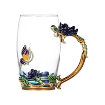 Jeemson Mavi Gül Desenli Cam Bardak Seti - 350ml Isı Dayanıklı, Çay/kahve İçin, Kadeh+kaşık+temizleme Bezi, Dekoratif lik Paket Mavi