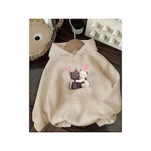 Herkesemoda Kedi Baskı Detaylı İçi Polarlı Kapüşonlu Sweatshirt Bej