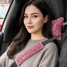 Işıltılı Pırlanta Taşlı Ergonomik Boyun Yastığı Ve Konforlu Emniyet Kemer Süngeri Seti Üniversal Pembe