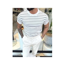 Cool Tarz Erkek Mat Beyaz Kısa Kollu Fitilli Akrilik-pamuk Karışımlı Triko T-shirt Mat Beyaz Mat Beyaz