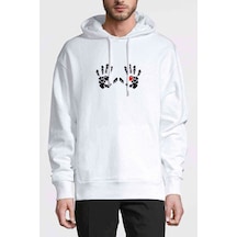 Heart In Hand Baskılı Beyaz Erkek Örme Kapşonlu Sweatshirt