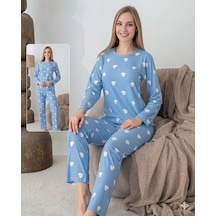 Lindros 0440 Kadın Süet Uzun Kol Pijama Takımı Mavi