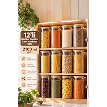 Porsima 4-4 Bambu Vakumlu Kapaklı Yuvarlak Cam 12li Kavanoz Seti Saklama Kabı 2100ml 10x30cm