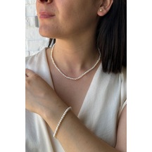 4,5 Mm Doğal İnci Sıralı Kolye Bileklik Küpe Üçlü Set 55 Cm Gümüş