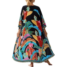 Yucama Kadın Giyinme Gece Elbisesi Baskı Kimono Elbiseler Hırka Plaj Bik - Siyah Çok Renkli