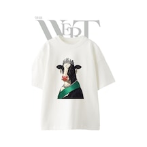 Thewert Queen Cow Tasarım Baskılı Ünisex Beyaz Oversize T-shirt