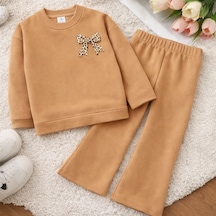 Kız Çocuk Leopar Fiyonk Baskılı Sweatshirt & İspanyol Paça Eşofman Takımı Kahverengi