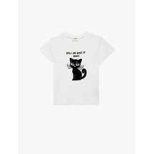 Koton Kedi Baskılı Pullu Payetli Ekru Kız Çocuk T-shirt 6skg10113ak Ekru