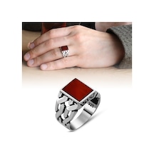 Zincir Tasarım Kırmızı Akik Taşlı 925 Ayar Gümüş Erkek Yüzük (429371152)