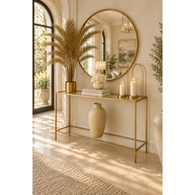 Teknor Şeffaf Camlı Gold Metal Konsol 100 Cm Modern Salon Dresuarı Altın