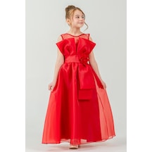 Mnk Baby & Kids Kız Çocuk Organze Tül Çiçek Ve Fiyonk Detaylı Gipe Sırtlı Prenses Abiye Elbise M00800 Kırmızı