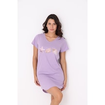 Yasar Underwear Deniz Kabuğu Baskılı Lila %100 Pamuk V Yaka Gecelik Lila Lila