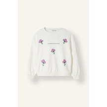 Defacto Relax Fit Bisiklet Yaka Nakışlı Çiçekli Uzun Kollu Sweatshirt Kız Çocuk I4169a826auer105 Ekru-er105