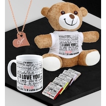 Kişiye Özel Sevgili Peluş Ayı Kupa Madlen Çikolata Ve Rose Kalp Kolye Set - 78
