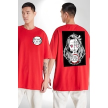 Anime Demon Slayer Kırmızı Oversize Unisex Ön Ve Sırt Baskılı Tişört Kırmızı