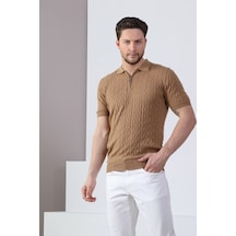 Ferraro Camel Polo Yaka Fermuarlı Erkek Pamuk Triko T-Shirt-Kahverengi (417942562) Kahverengi